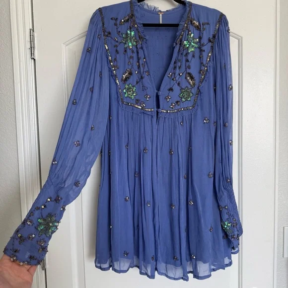 Free People Blue Bali Golden Sun Sequin Long Sleeve Dress - Picture 4 of 10